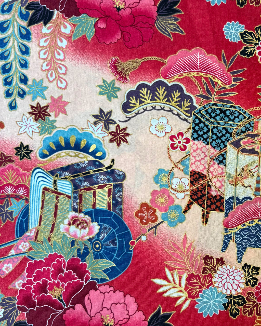 Furoshiki Gosho-guruma rojo · detalle estampado japonés · Fūwa