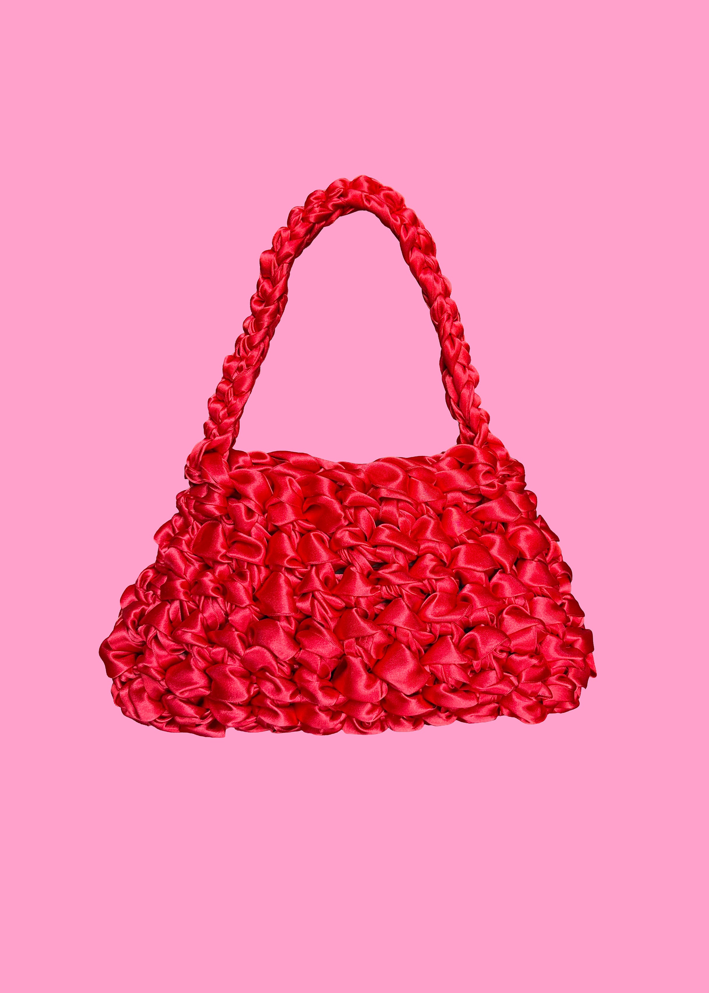 Bolso Sailor aka · bolso de asa media de ganchillo rojo sobre fondo rosa · Fūwa