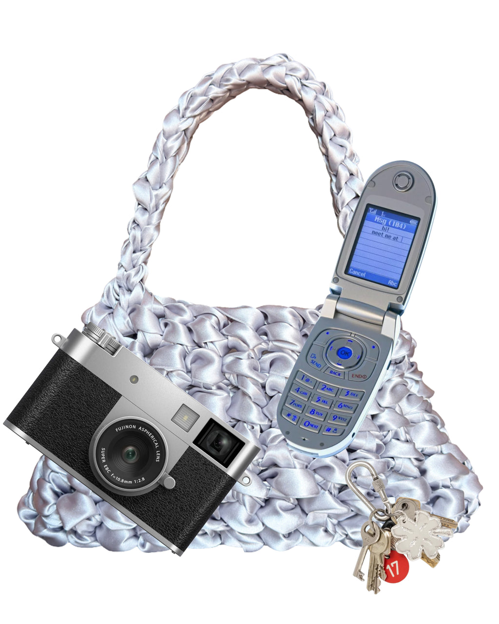 Bolso Sailor gin · qué cabe dentro · cámara, móvil y llavero junto al bolso plata · Fūwa