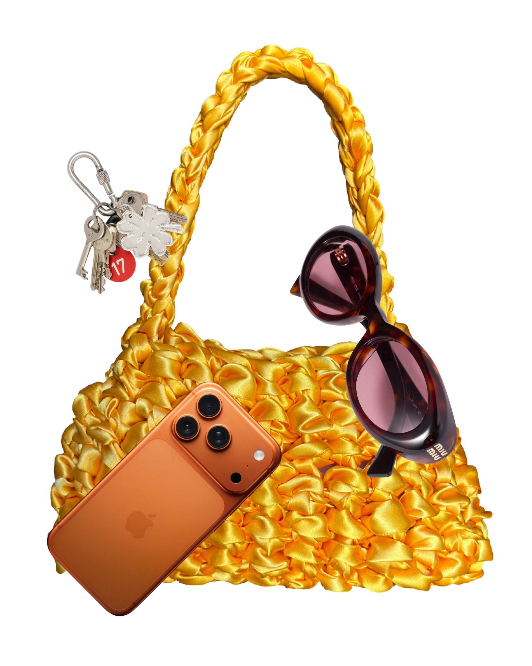 Bolso Sailor ki · qué cabe dentro · móvil, gafas de sol y llavero junto al bolso amarillo · Fūwa