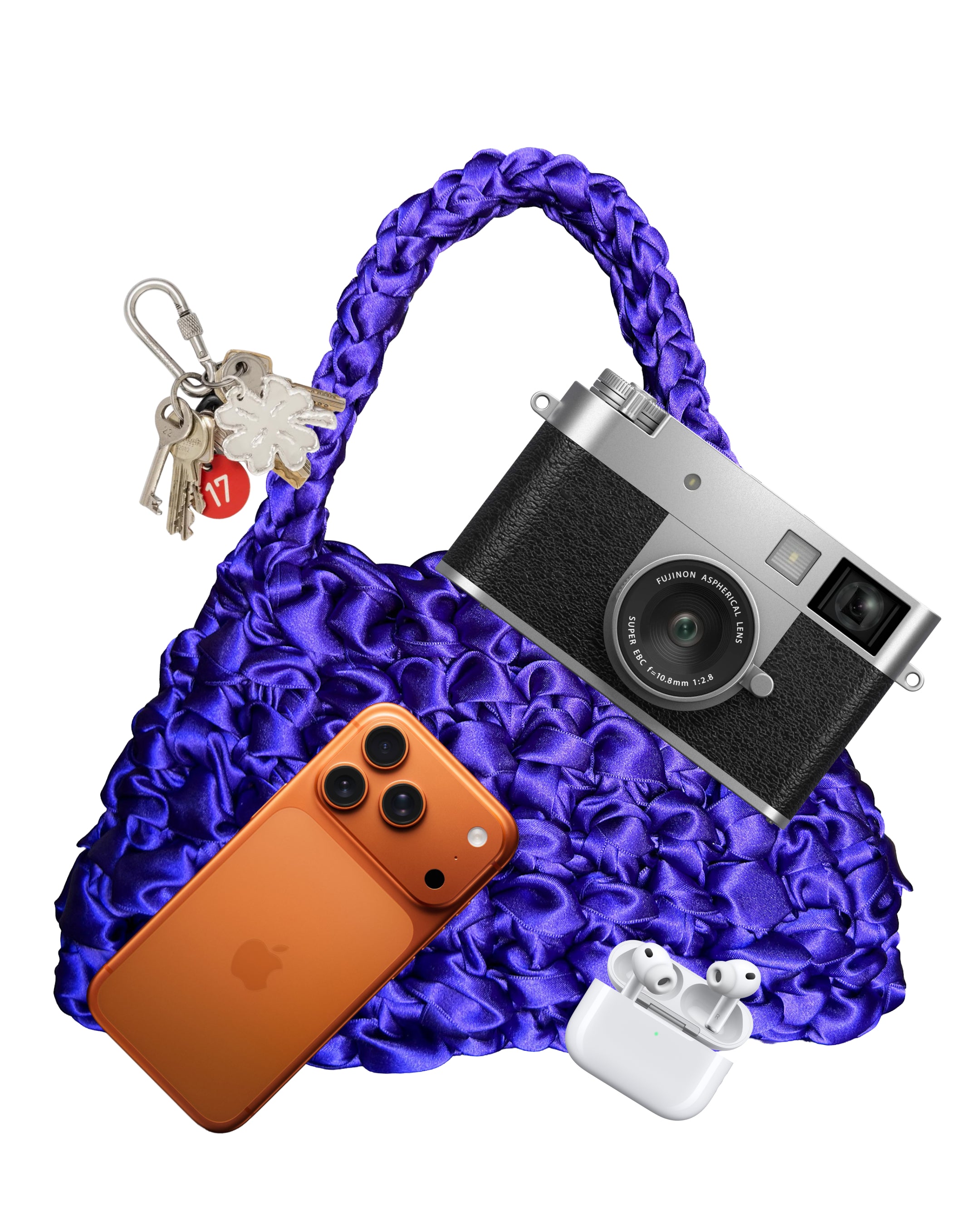 Bolso Sailor murasaki · qué cabe dentro · cámara, móvil, auriculares y llavero junto al bolso lila · Fūwa