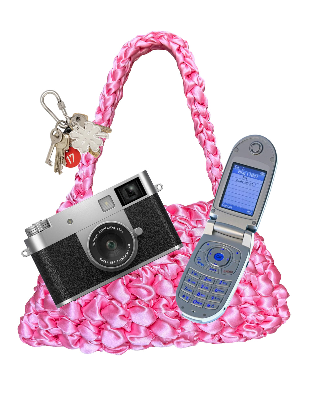 Bolso Sailor sakura · qué cabe dentro · cámara, móvil y llavero junto al bolso rosa · Fūwa